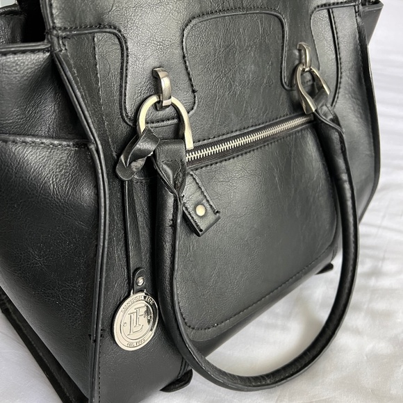 London Fog Black Faux Leather Satchel Handbag with Silver Hardware - Picture 12 of 15